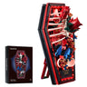 SupreOwls Coffin of Roses building block set with red roses, skeleton ribs, blue butterflies and glowing red LED lights, shown beside the product box.