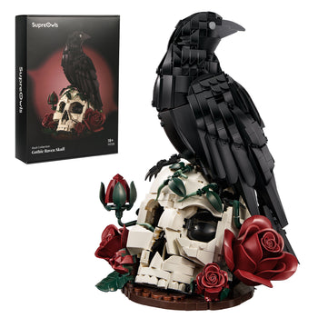 Gothic Raven & Skull Art building set with a black raven perched on a white skull surrounded by dark red roses, shown beside the product box