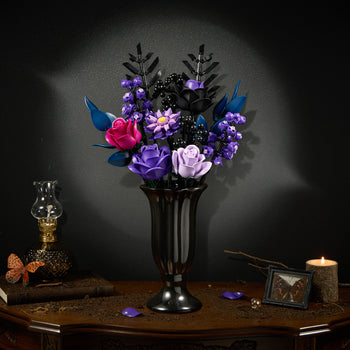 Purple roses bouquet building block set displayed in a black vase, featuring purple, blue, and black floral elements arranged as a gothic-inspired centerpiece on a dark vintage table.