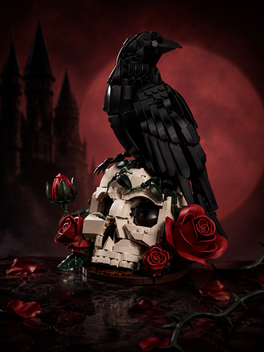 Black raven building block figure perched on a white skull with red roses before a red moon and castle silhouette.