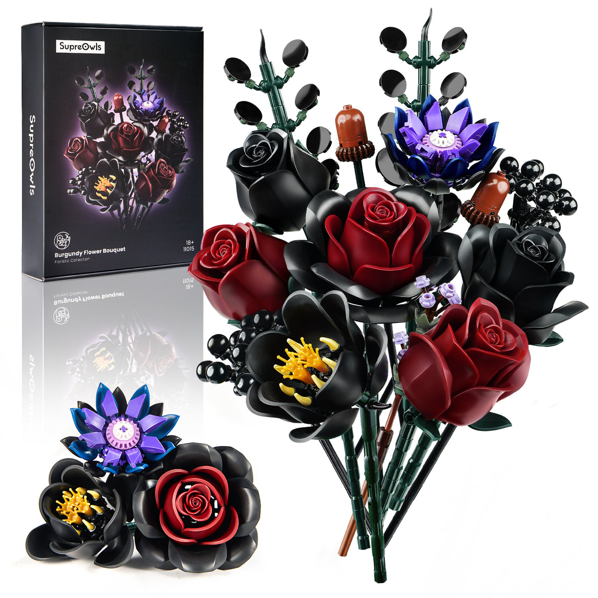 Gothic flower bouquet building set with product packaging and assembled bouquet displayed on a white background, featuring dark roses, purple flowers, and green botanical elements.