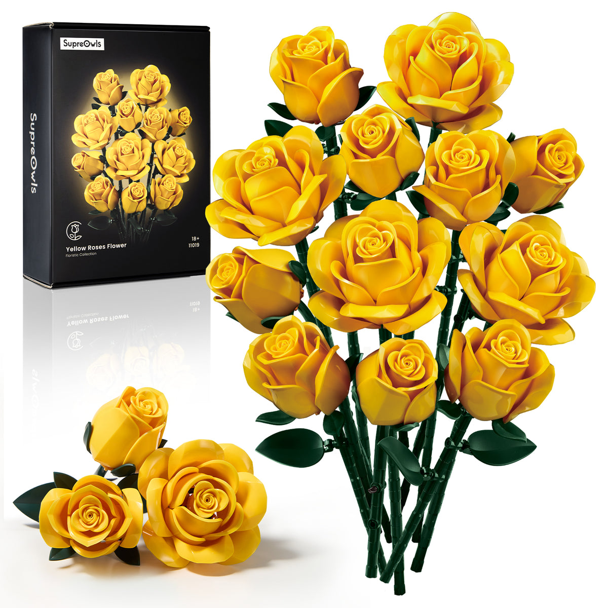 Yellow rose bouquet building set with product packaging and assembled yellow roses displayed on a white background, showcasing the complete floral design.