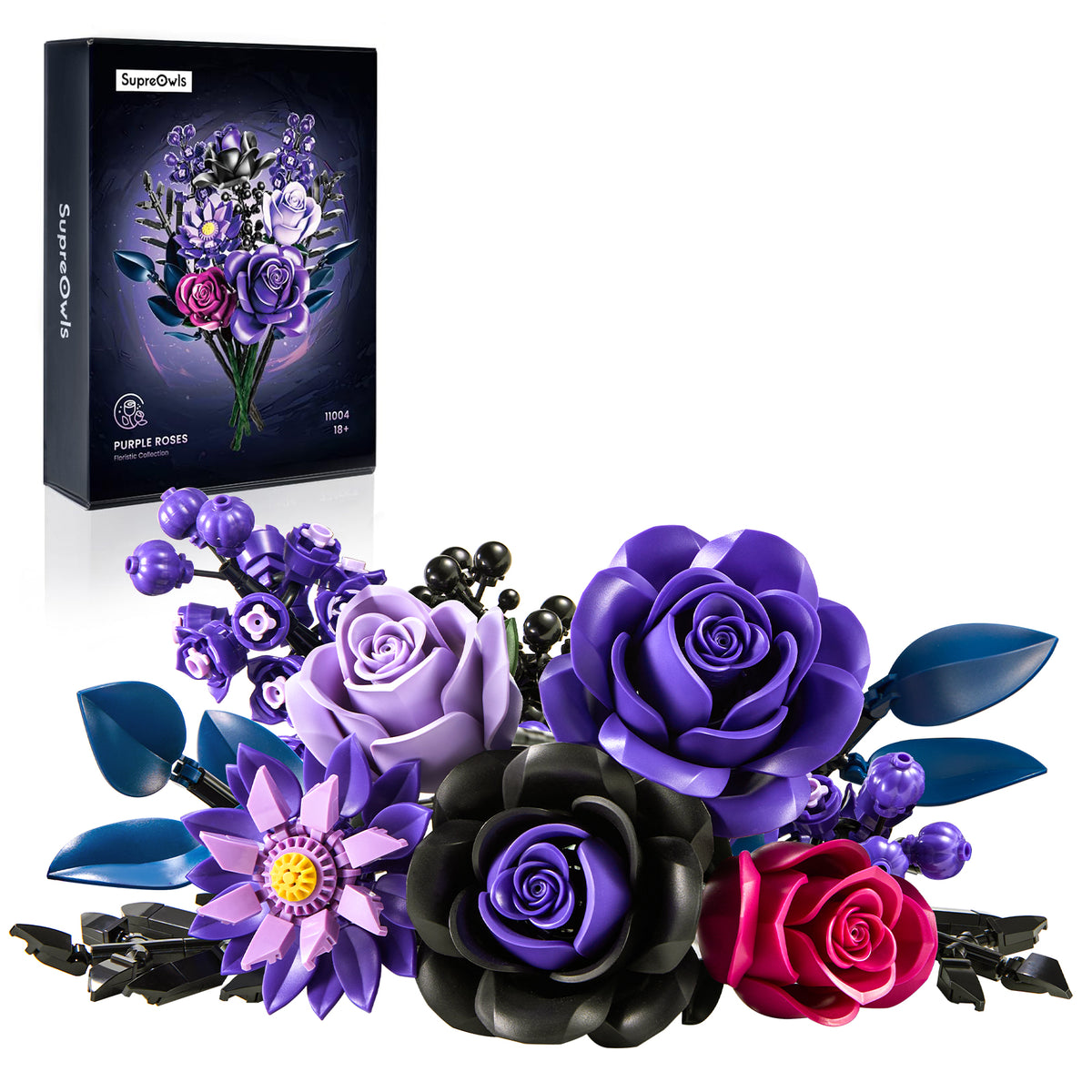 Purple roses building block set displayed with multiple purple flowers and individual floral pieces arranged on a white background.