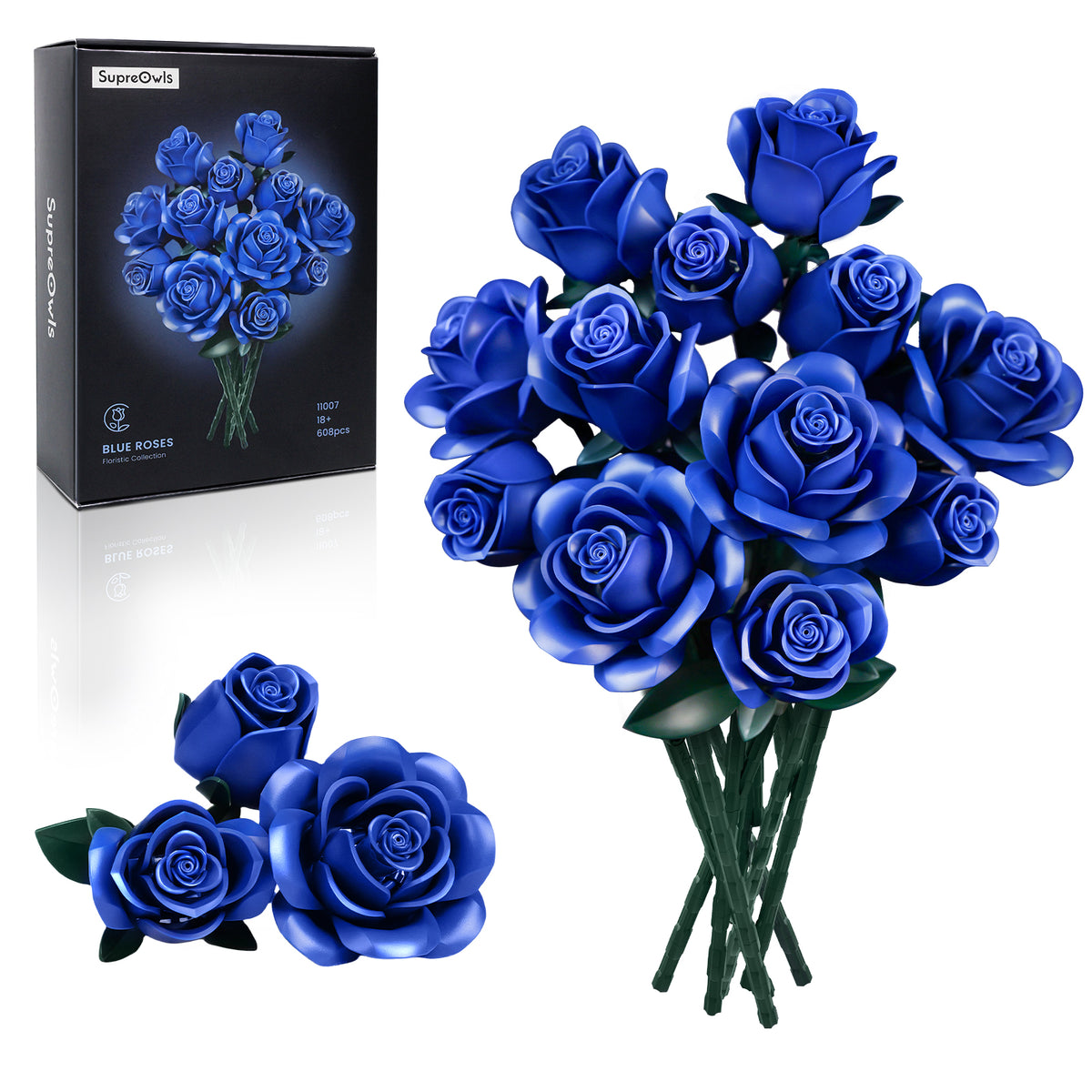 Blue rose bouquet building block set displayed with a completed bouquet, individual rose pieces, and product packaging on a white background, showcasing the detailed floral design and creative assembly elements.