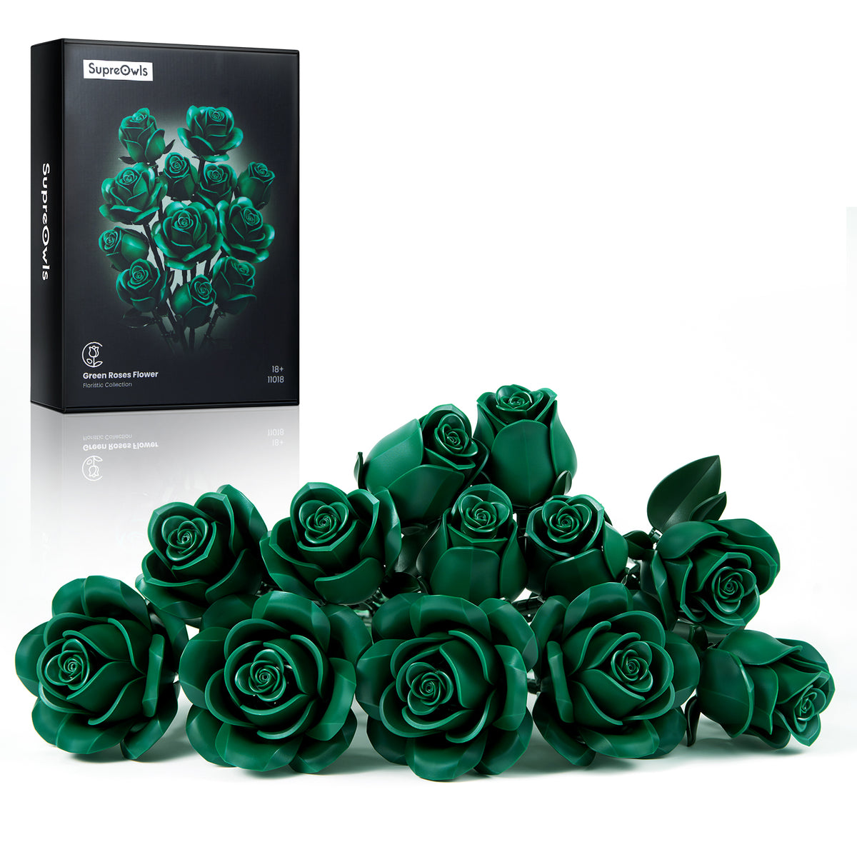 Green roses building block set displayed with multiple green rose blooms and individual flower pieces arranged on a white background