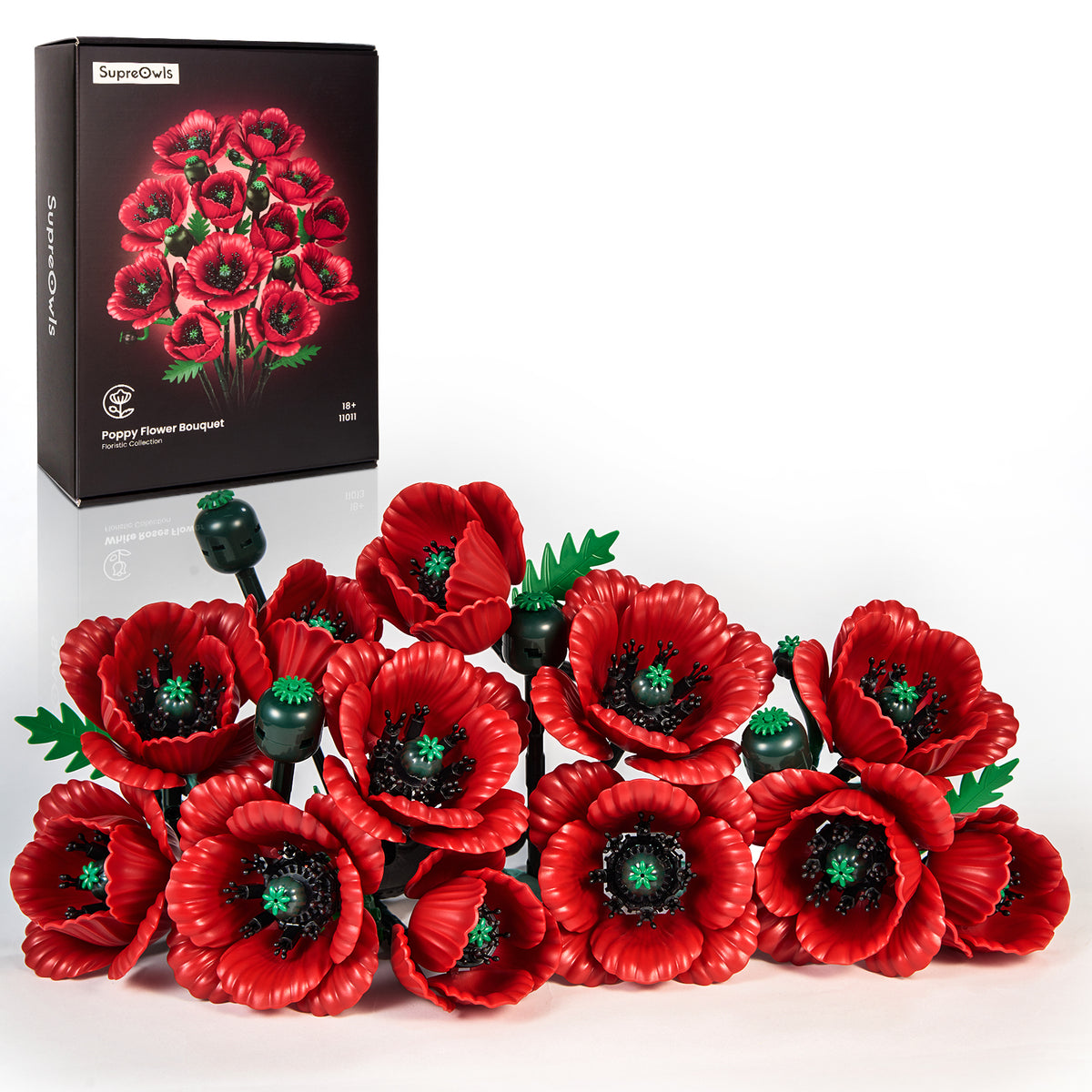 Red poppy flower bouquet building set arranged with multiple red poppy blooms and individual flower pieces displayed on a white background.
