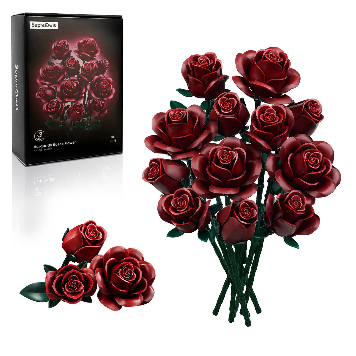 Burgundy rose building bouquet set displayed with a completed bouquet, individual rose pieces, and product packaging on a white background, featuring deep red roses with layered petals and green stems.