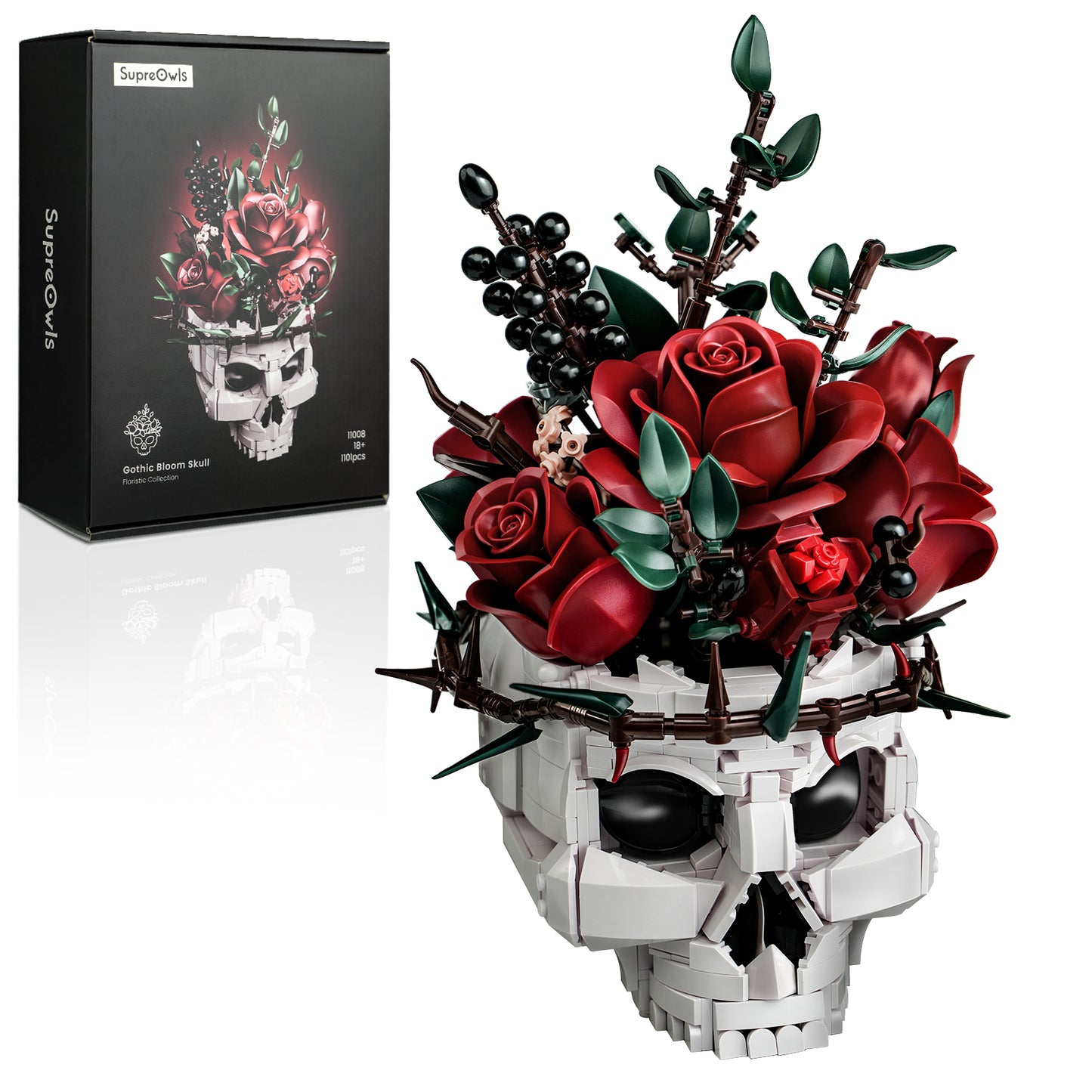Gothic Skull Red Rose Bouquet Building Block Set