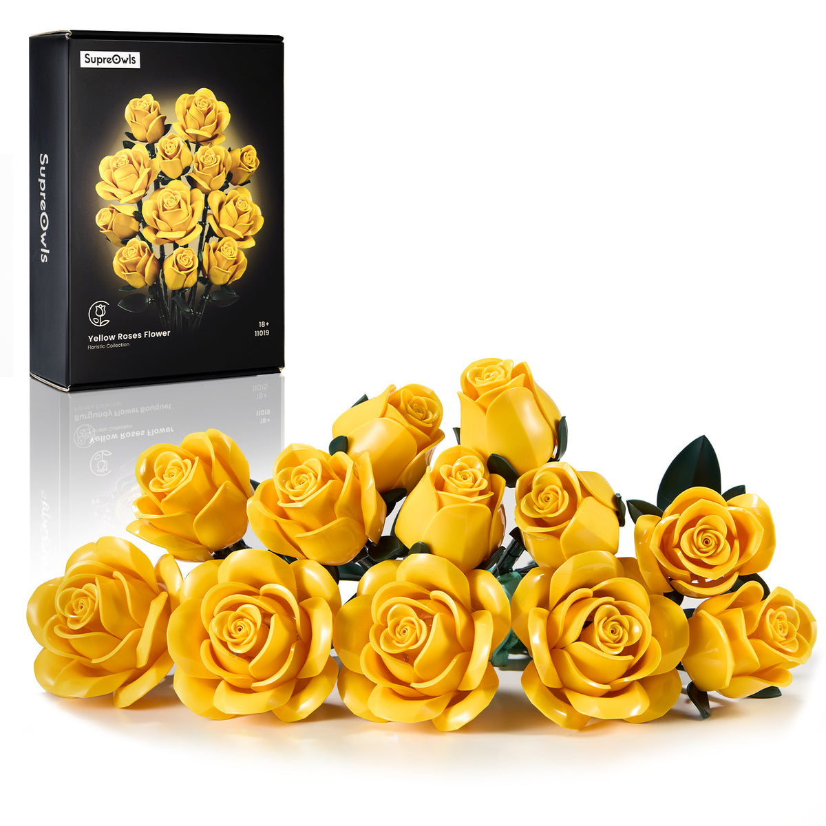 Yellow rose bouquet building set displayed with multiple yellow rose blooms and individual flower pieces arranged on a white background.