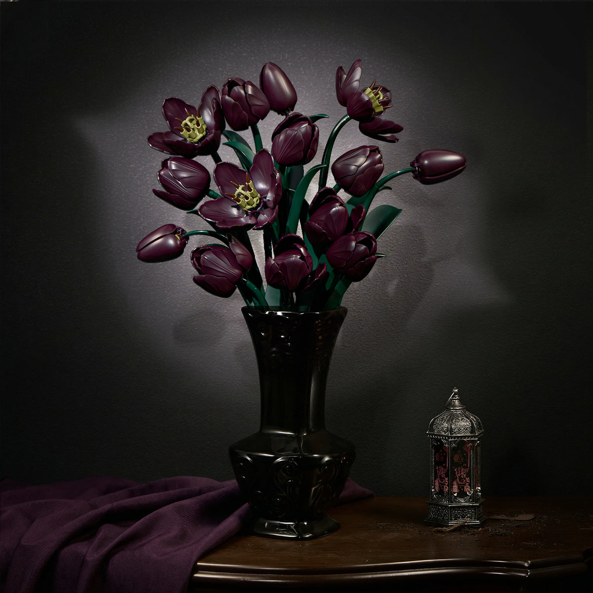 Gothic tulip flower bouquet building block set displayed in a black vase with dark floral aesthetics, creating a mysterious botanical decor centerpiece for an elegant interior.