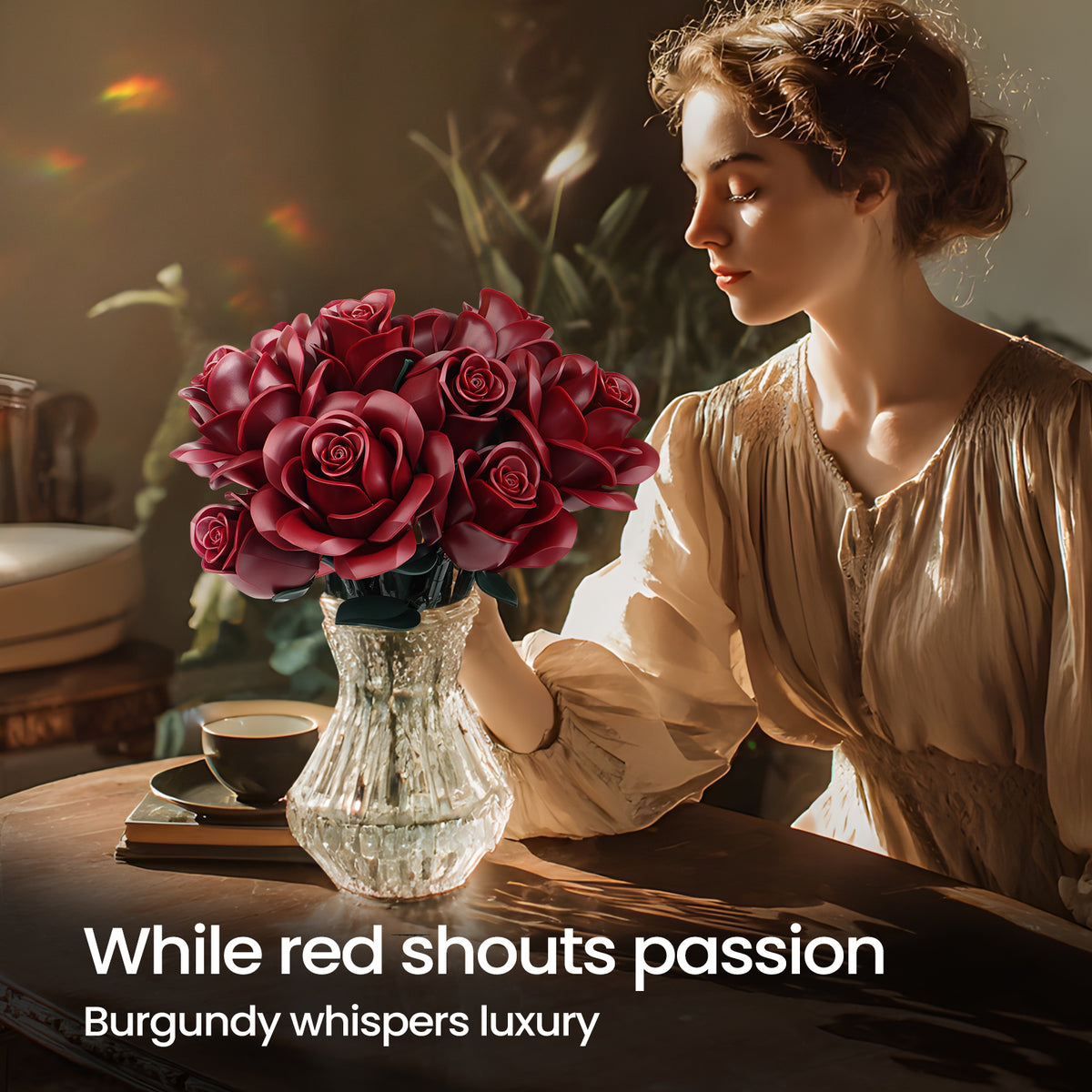 A woman displaying a burgundy rose building bouquet set in a glass vase on a wooden table, featuring deep red roses with layered petals in a warm elegant home interior setting.