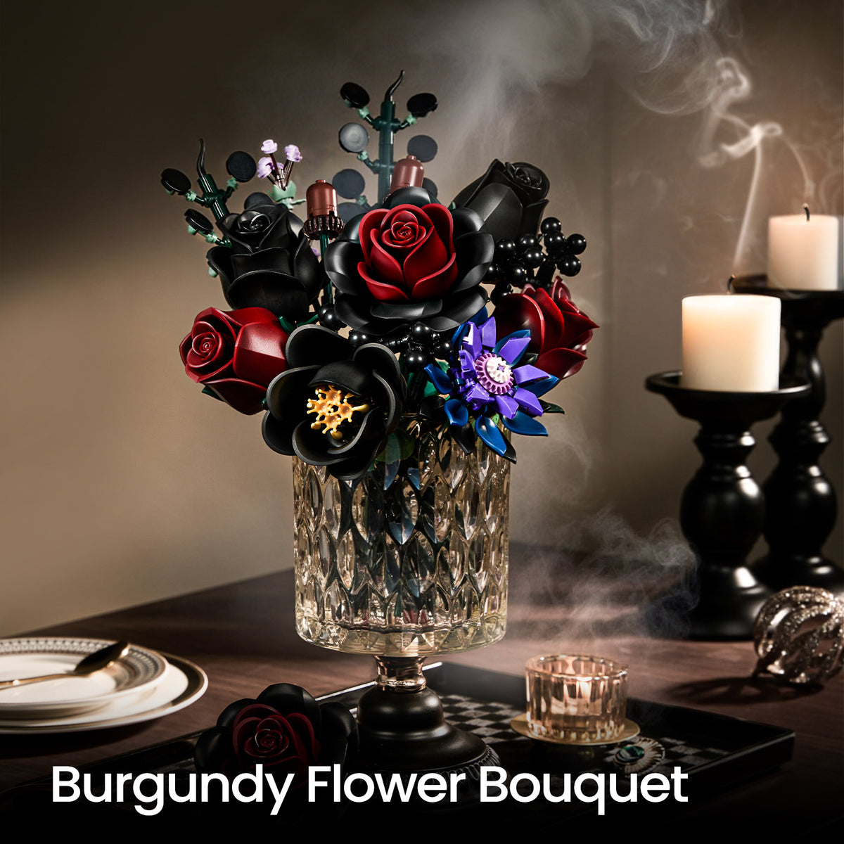 Gothic flower bouquet displayed in a vase as dark floral home decor, creating a dramatic atmosphere with candles and elegant interior styling.
