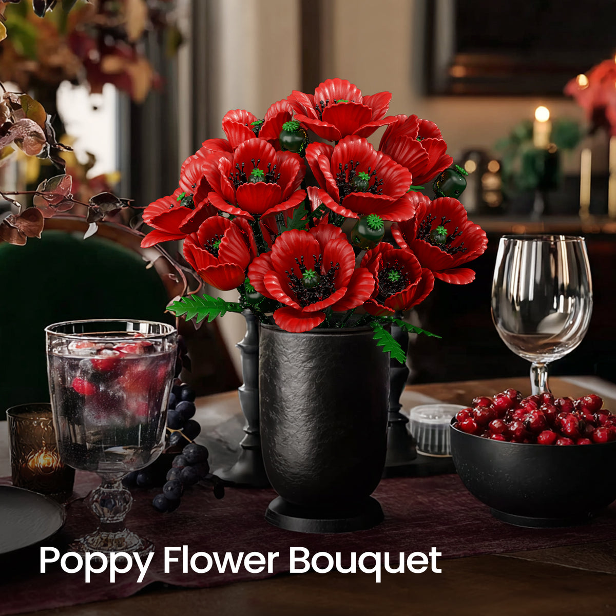 Red poppy flower bouquet displayed in a vase as home decor, creating an elegant floral arrangement in a warm dining setting.