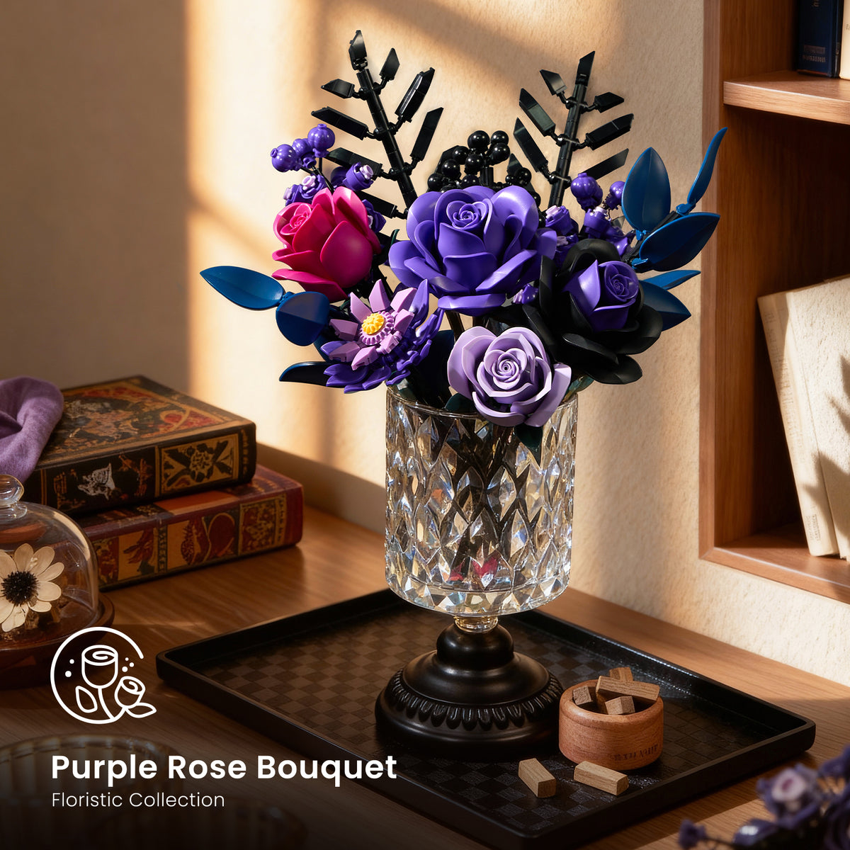 Purple roses bouquet building block set displayed as a decorative centerpiece on a table, highlighting the artistic floral arrangement in a warm interior setting.