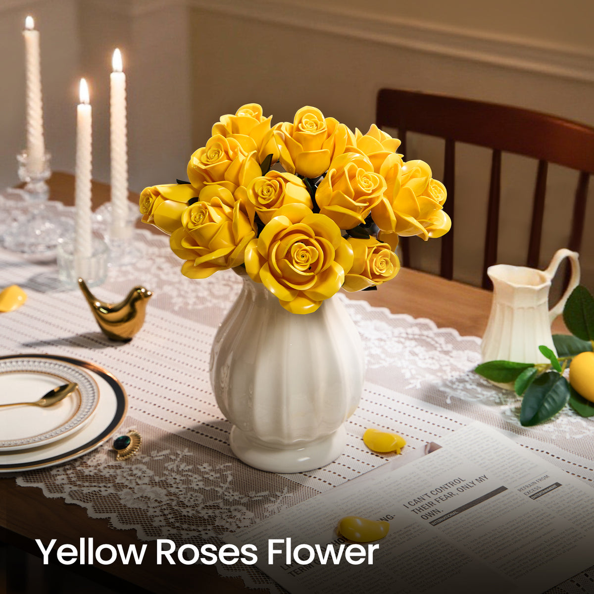 Yellow rose bouquet displayed in a white vase as elegant home decor, creating a warm floral centerpiece on a dining table.