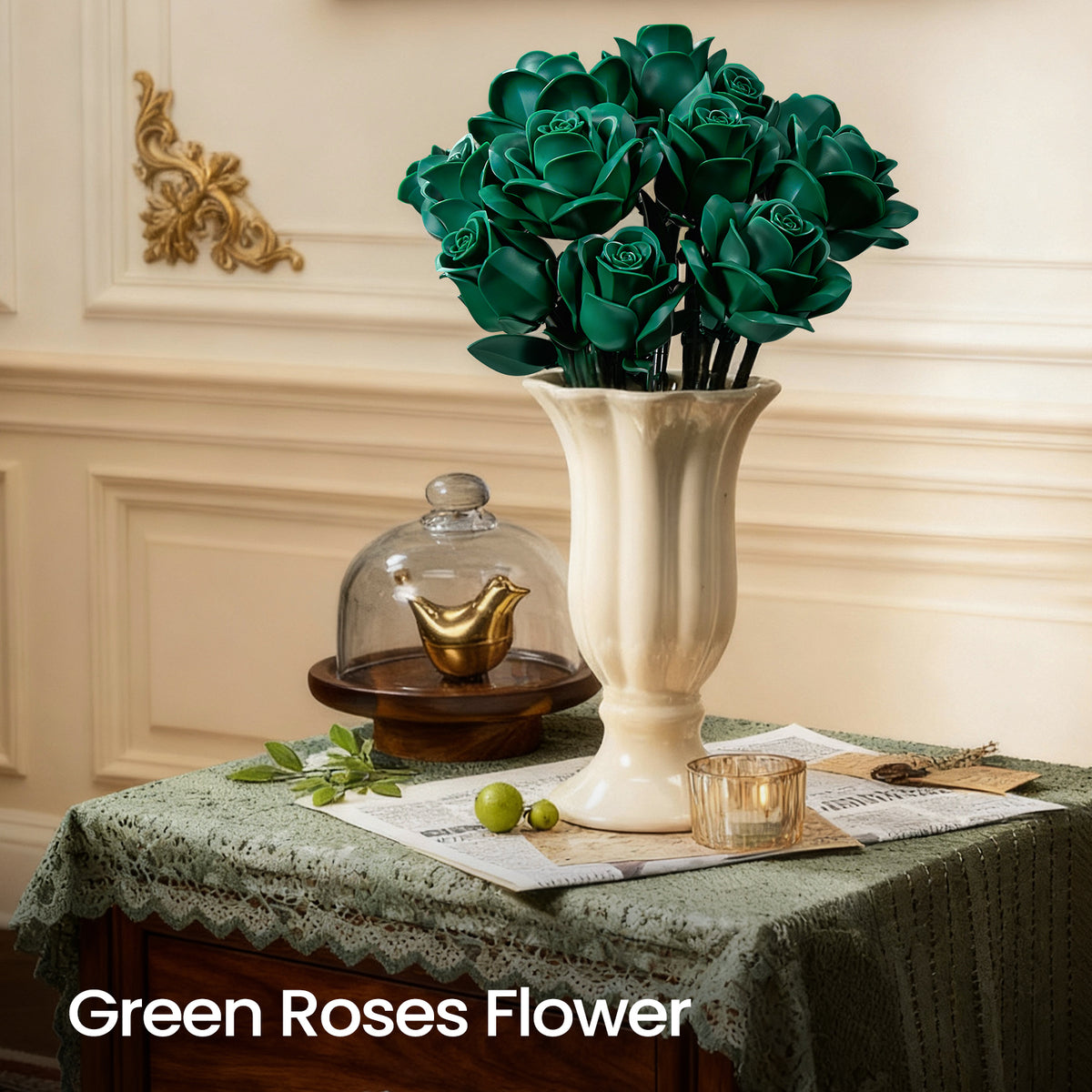 Green roses bouquet displayed in a white vase as elegant home decor, creating a unique botanical accent on a table in a warm interior space.