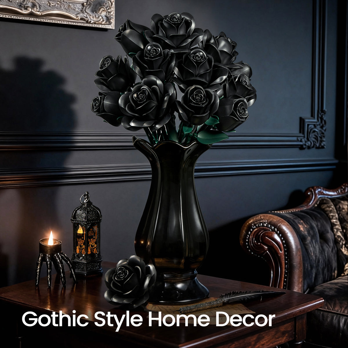 A bouquet of black roses arranged in a glossy black vase, displayed on a wooden table in a dark gothic-style room with candles and vintage furniture, creating an elegant gothic home decor atmosphere.