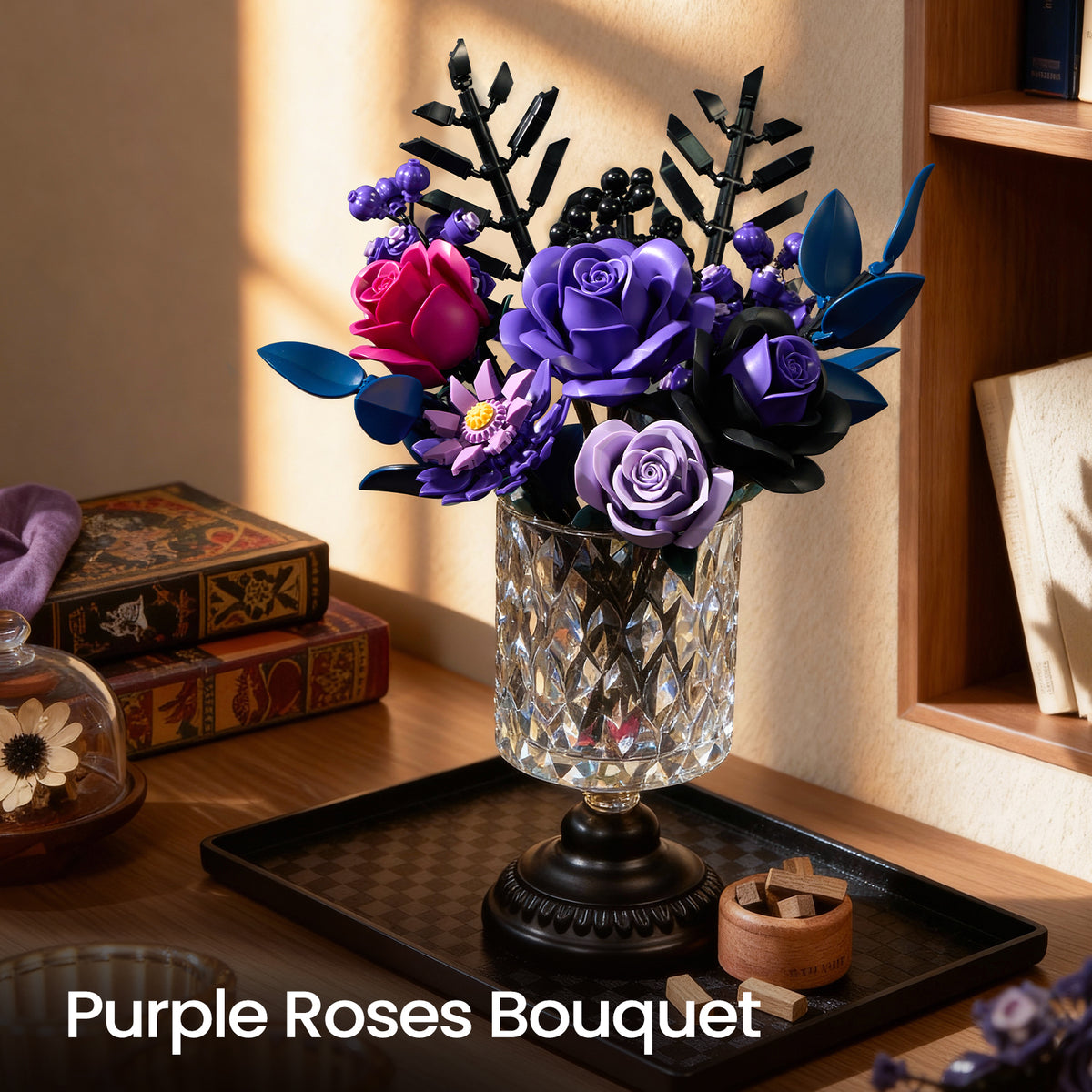 Purple roses bouquet displayed in a glass vase as elegant home decor, creating a mysterious floral accent on a tabletop shelf.