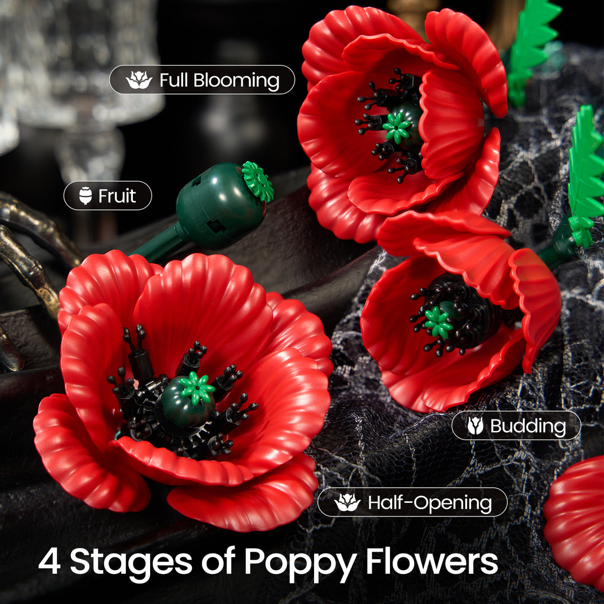 Red poppy building set feature image showing four stages of poppy flowers, from bud to fully opened blooms with detailed red petals and black centers.