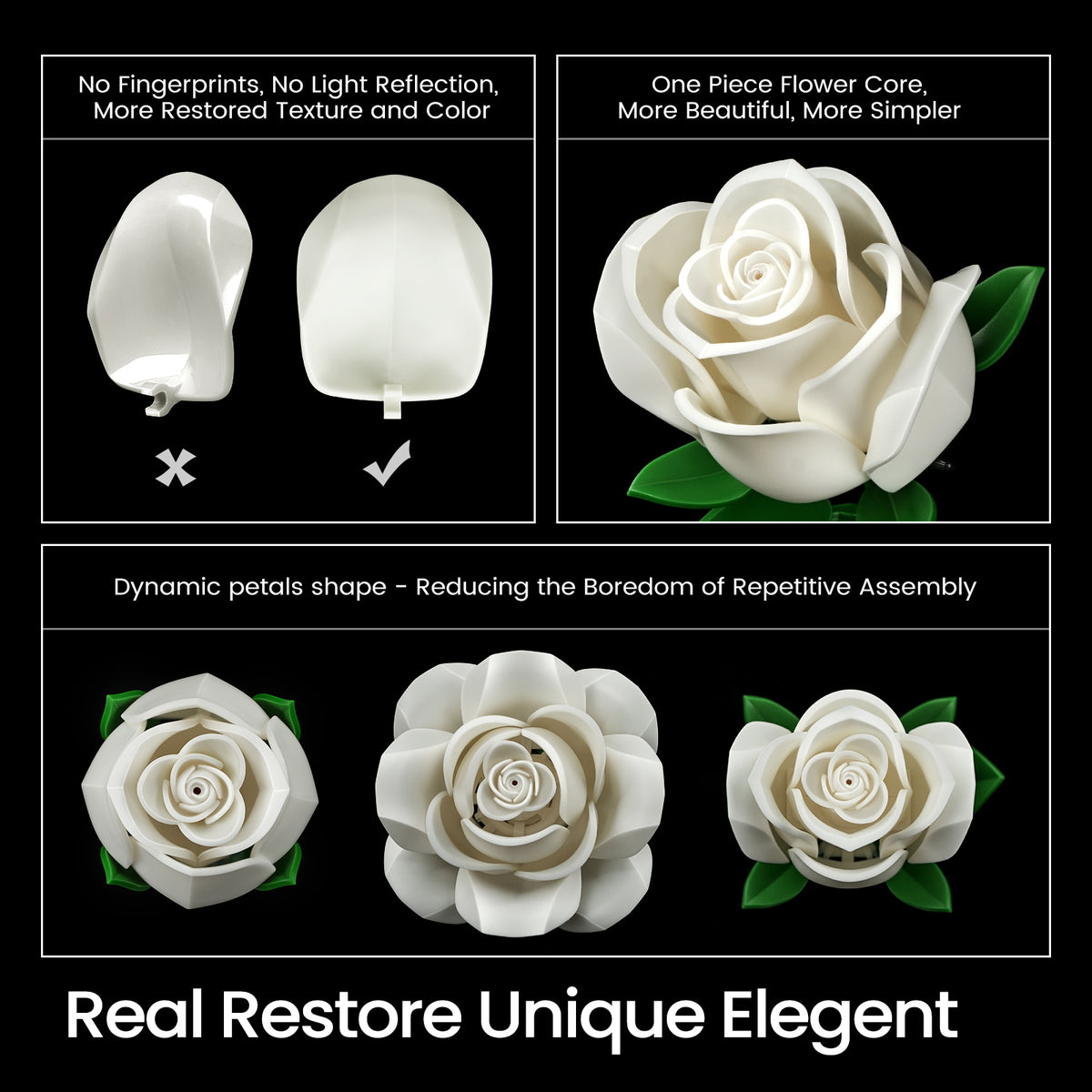 White roses bouquet building block set feature image showing realistic petal shapes, a one-piece flower core design, and detailed rose structures.