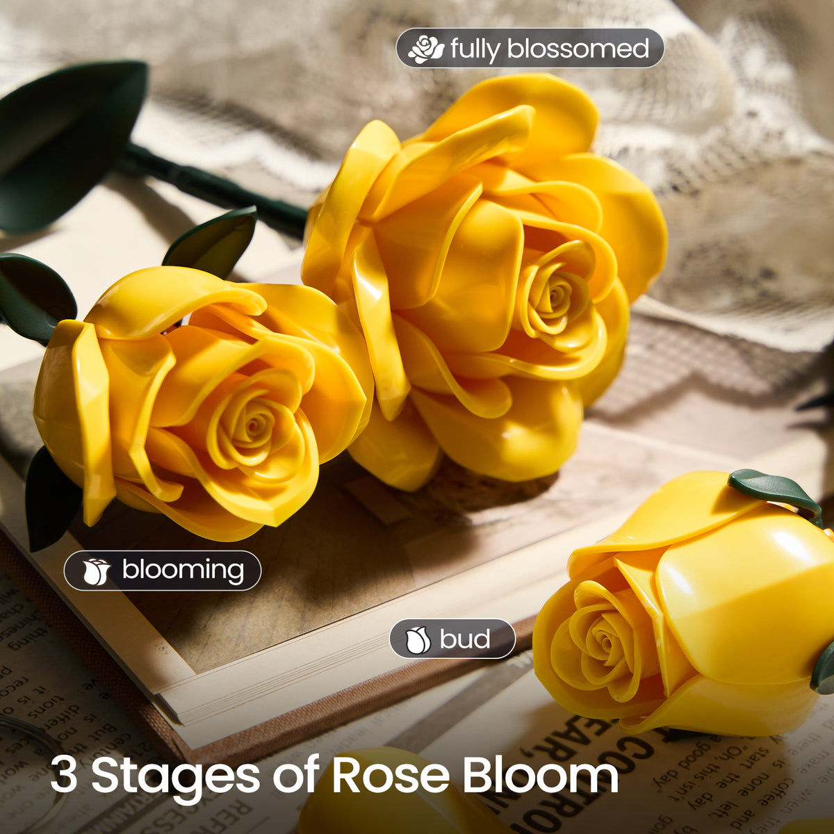Yellow rose building set feature image showing three stages of rose bloom, from bud to blooming and fully opened flowers with detailed yellow petals.