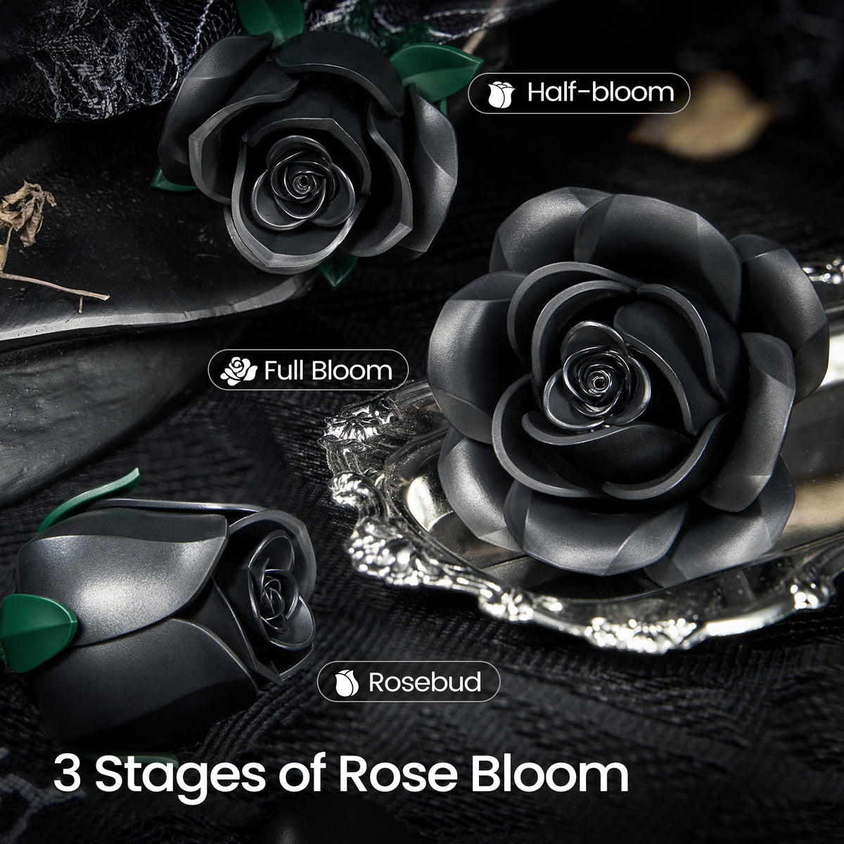 A black rose building block set displayed in three blooming stages, showing a rosebud, half-bloomed rose, and fully bloomed rose with layered petals on a dark decorative surface.