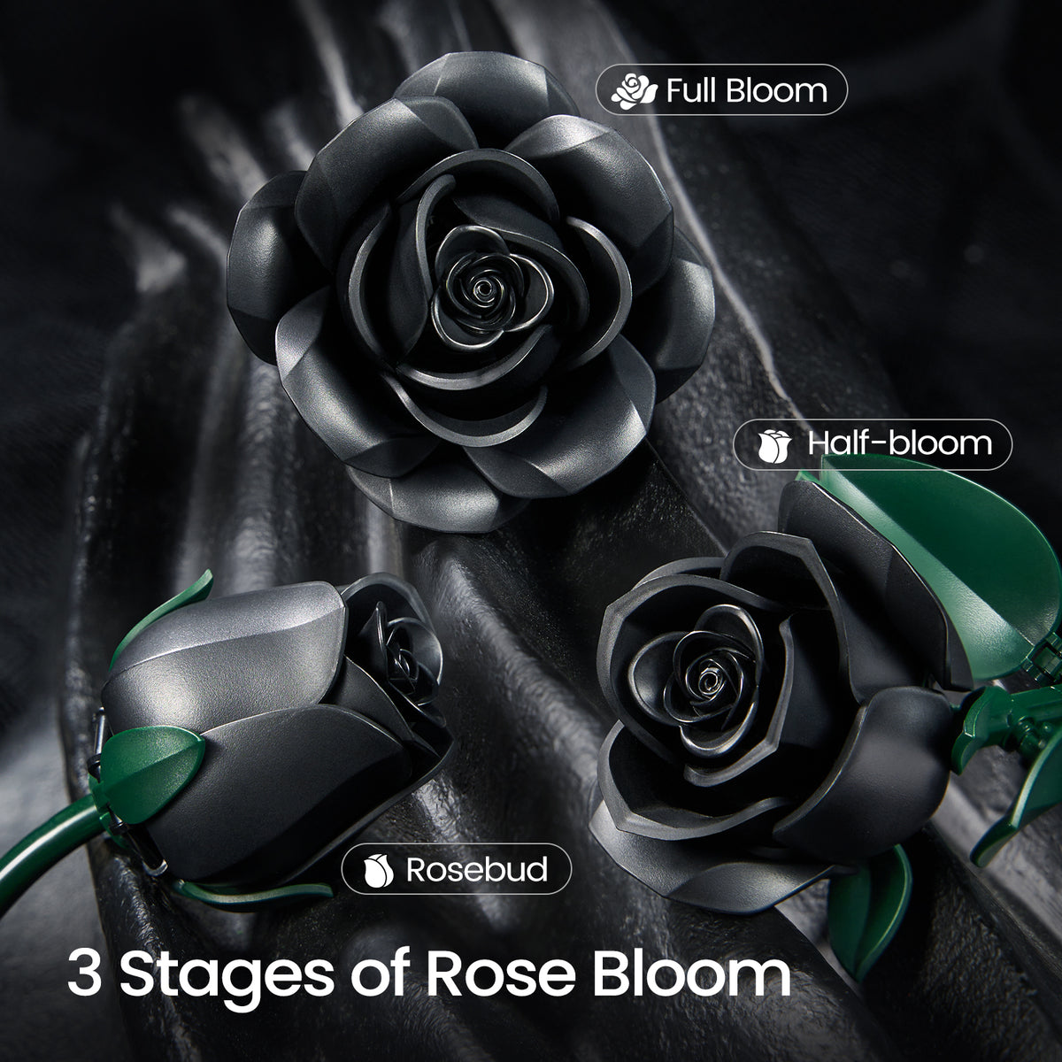 A black rose building block set showcasing three blooming stages, including a rosebud, half-bloomed rose, and fully bloomed rose with layered petals and green leaves displayed on a dark surface.