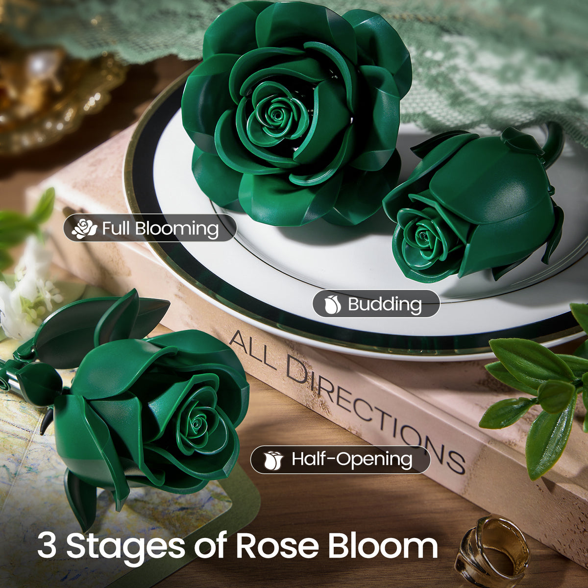 Green roses building block set feature image showing three stages of rose bloom, from bud to blooming and fully opened flowers with detailed green petals.