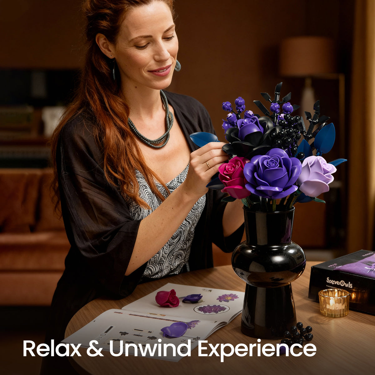 Person assembling a purple roses bouquet building block set, showing the creative DIY experience with floral pieces in a cozy home environment.