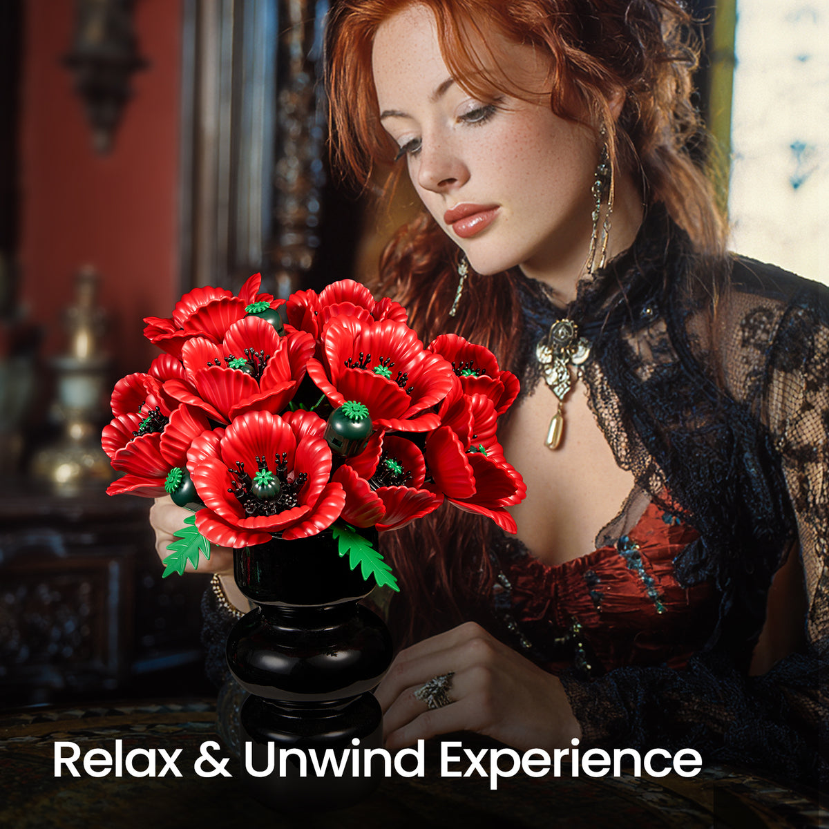 Red poppy flower bouquet building set displayed in a black vase with a woman admiring the vibrant red poppy arrangement in an elegant vintage-inspired interior setting.