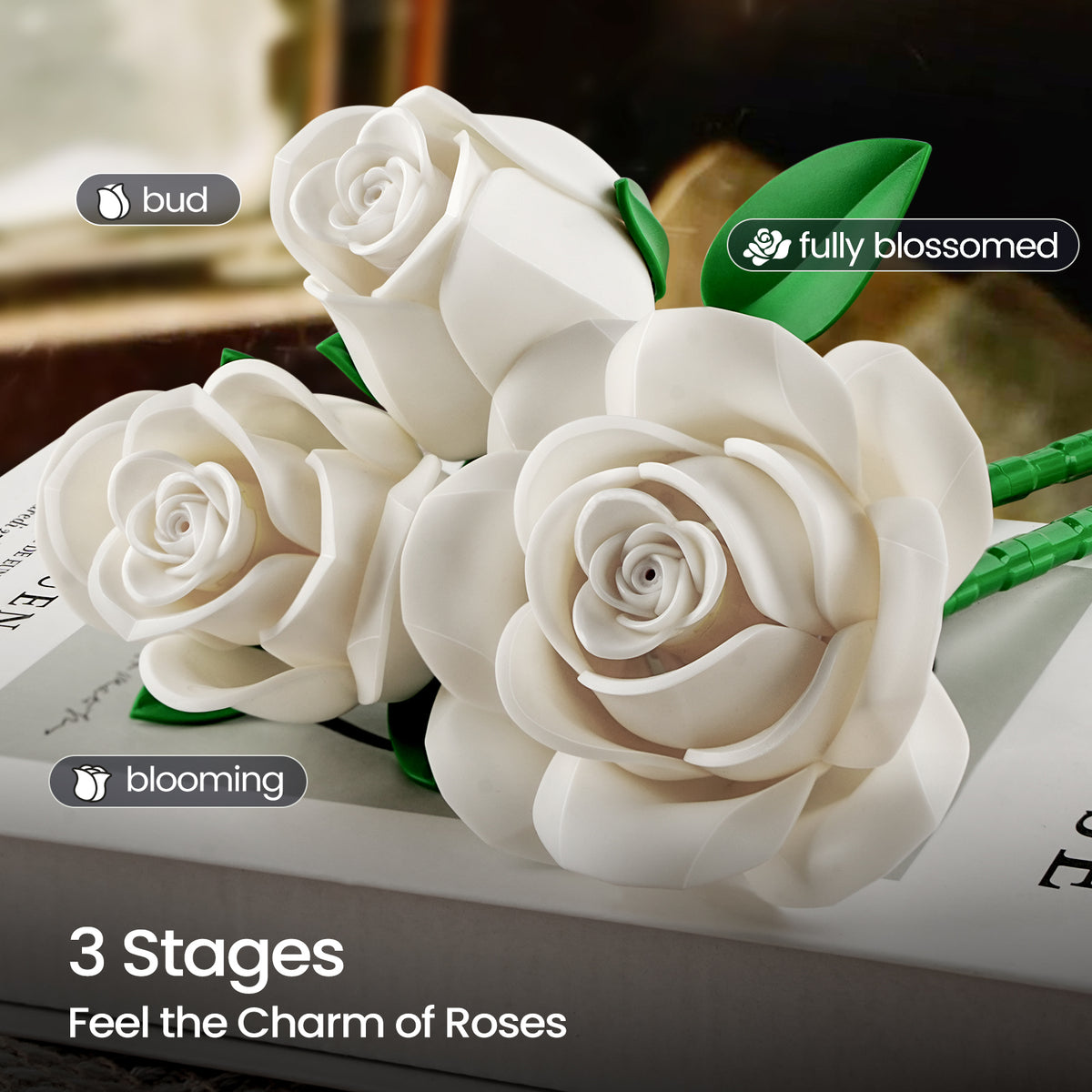 White rose building block set showing three stages of rose bloom, including bud, blooming, and fully blossomed flowers with detailed white petals.