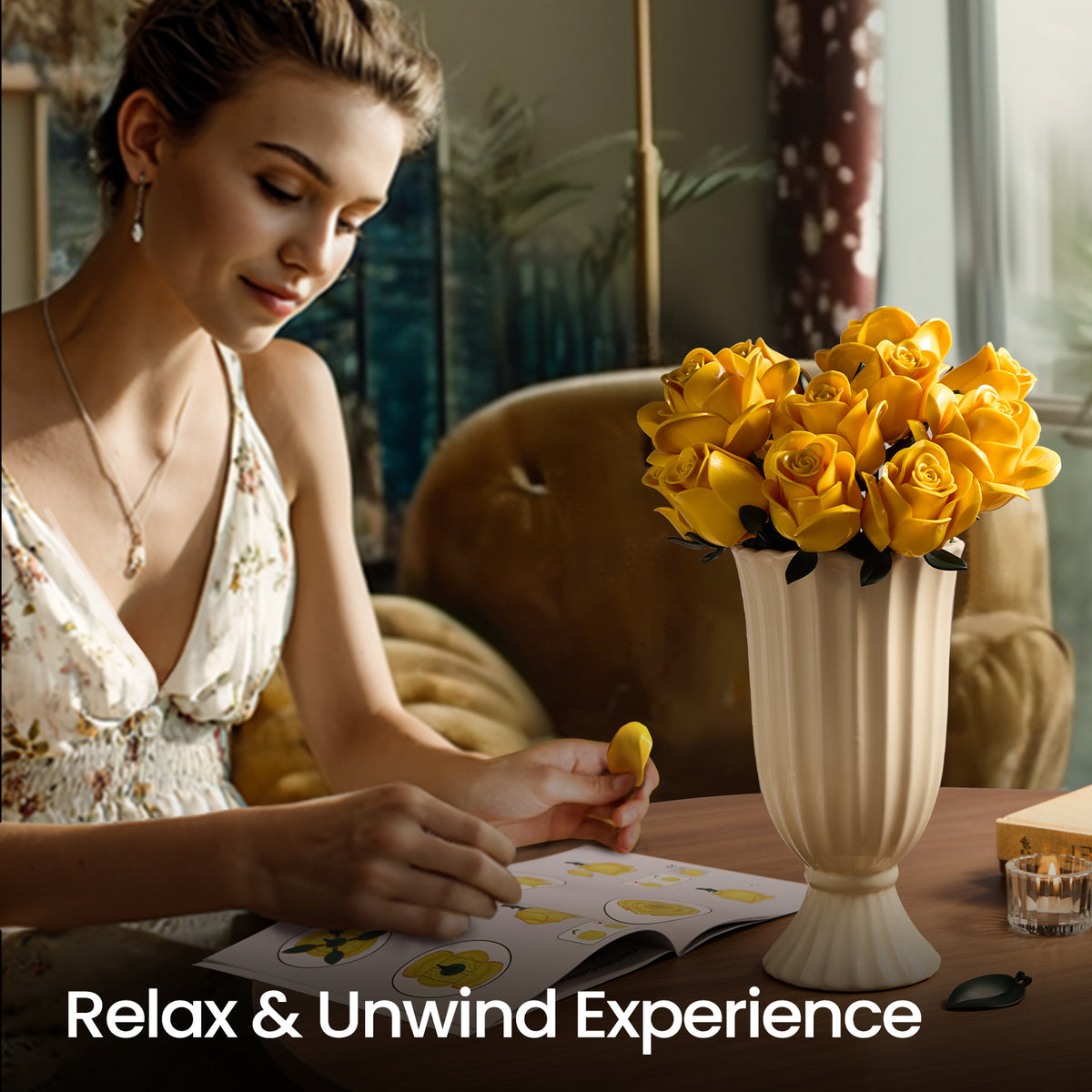 Woman admiring a yellow rose bouquet building set in a cozy home setting, showcasing the finished floral arrangement as a decorative piece.