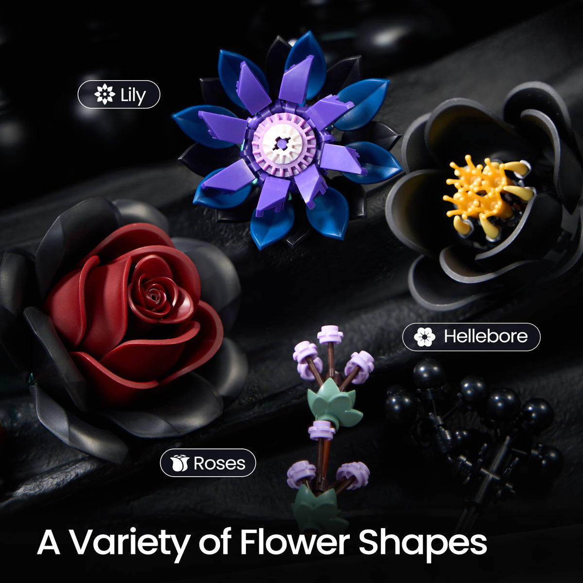 Gothic flower bouquet building set feature image showing different flower shapes including dark roses, purple blossoms, and unique botanical designs.