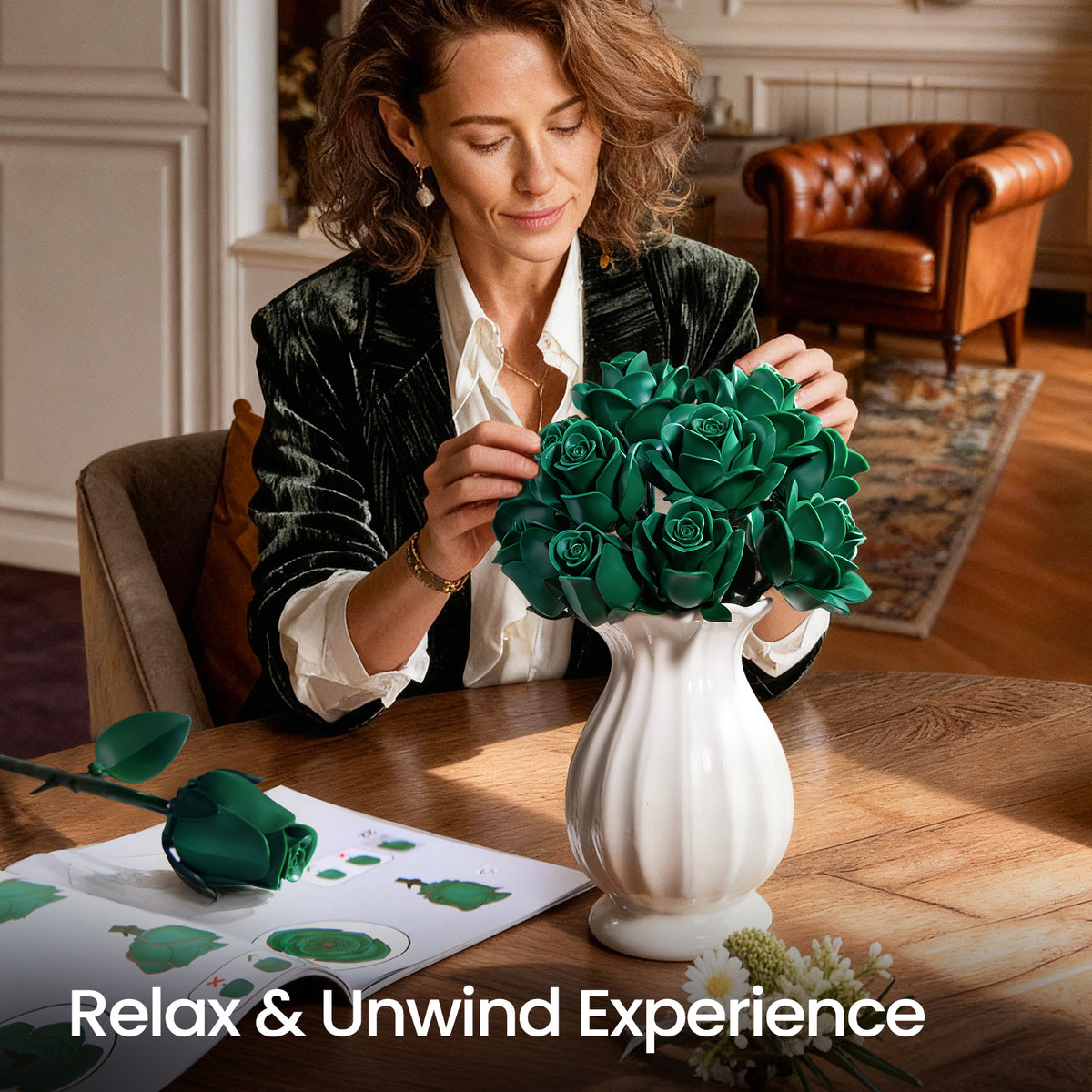 Person assembling a green roses bouquet building block set in a cozy home setting, showing the creative DIY floral building experience.