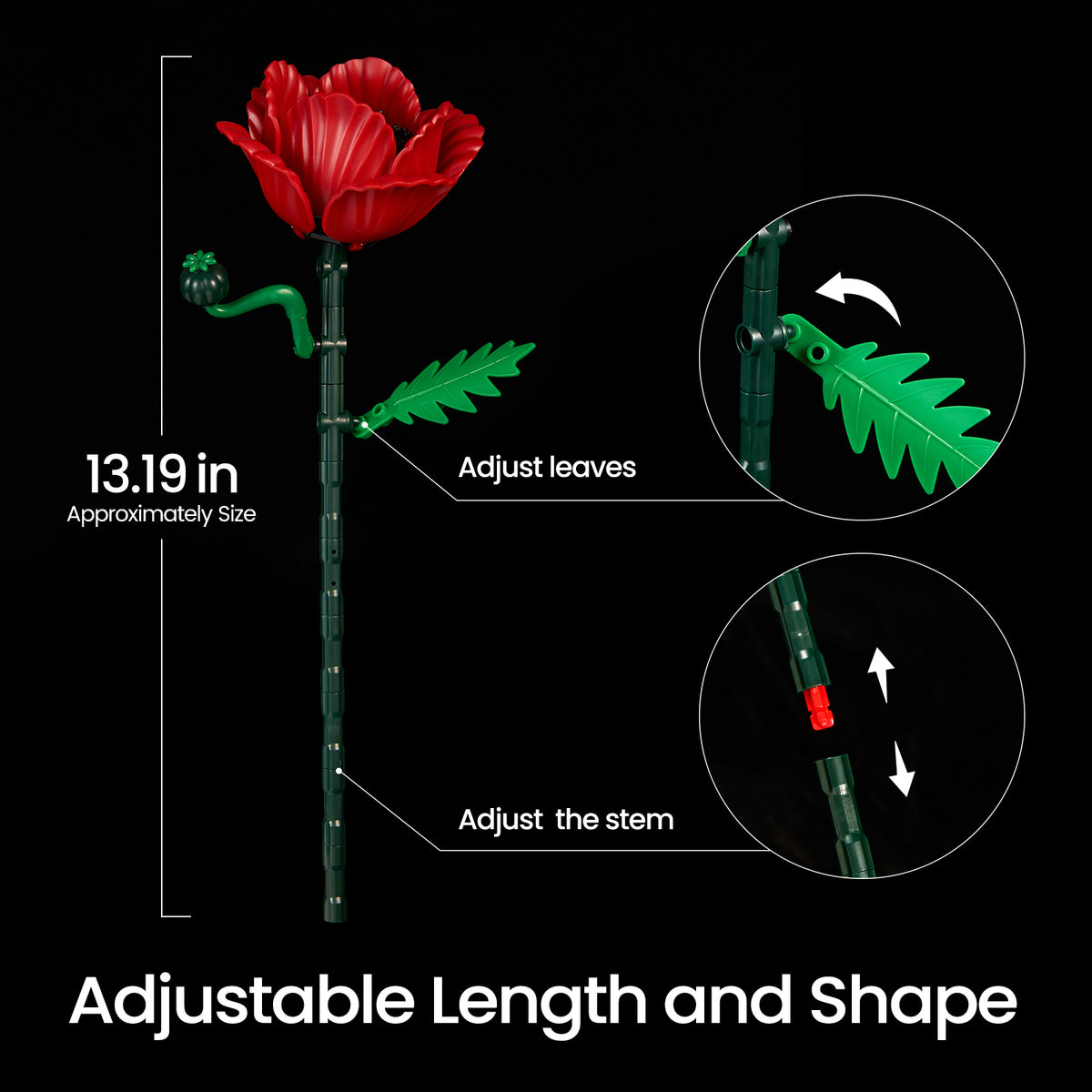 Red poppy building set feature image showing adjustable stem length and movable leaves, highlighting customizable bouquet arrangement options.