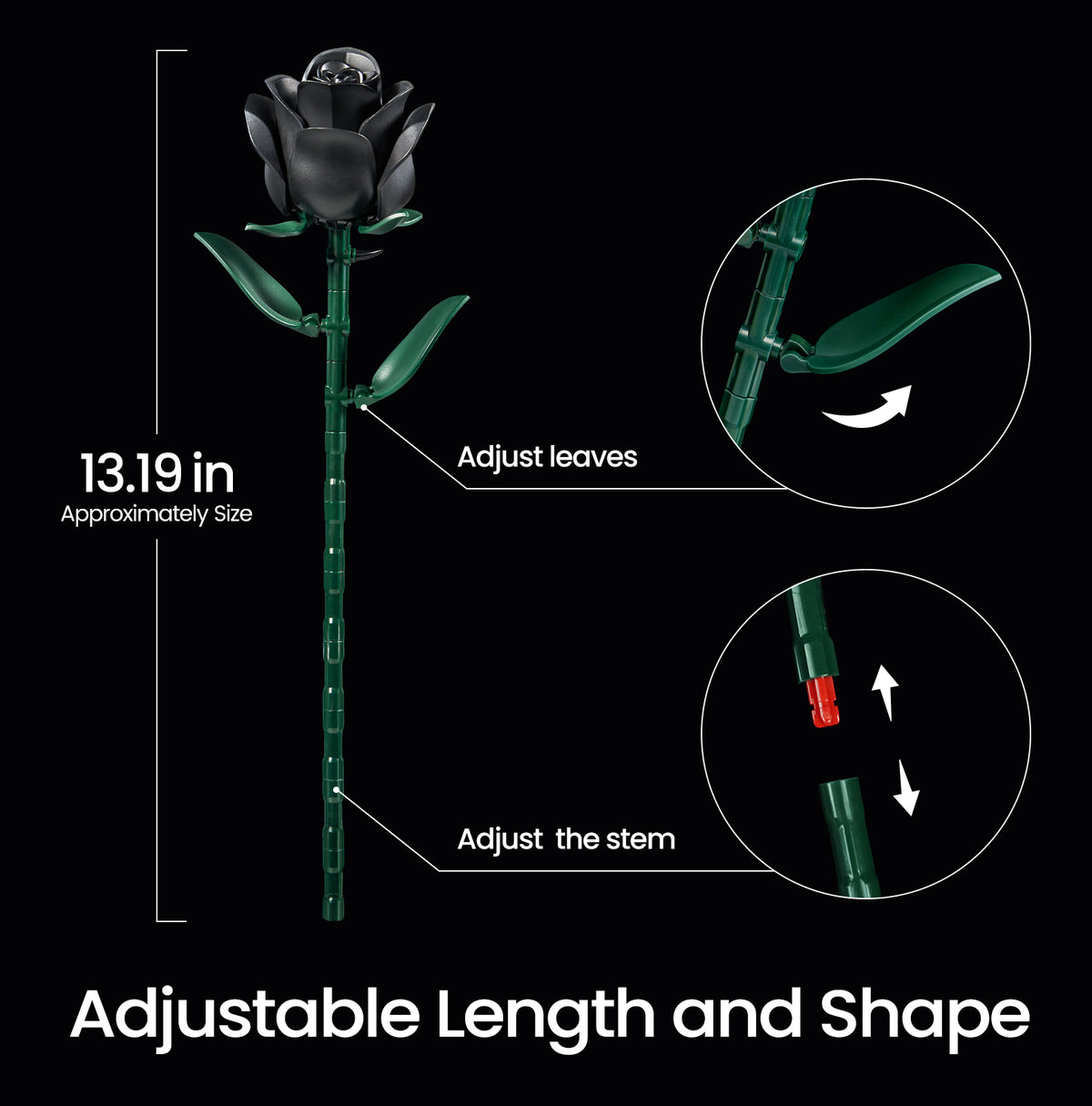 A black rose building block set feature image showing an adjustable rose stem and movable leaves, with close-up views of the flexible parts and the assembled rose height of approximately 13.19 inches.