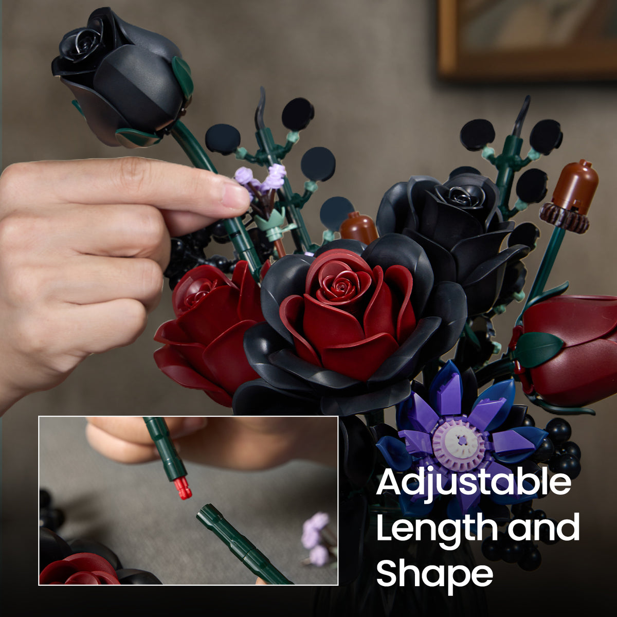 Gothic flower bouquet building set feature image showing adjustable stem length and shape customization with movable flower components.