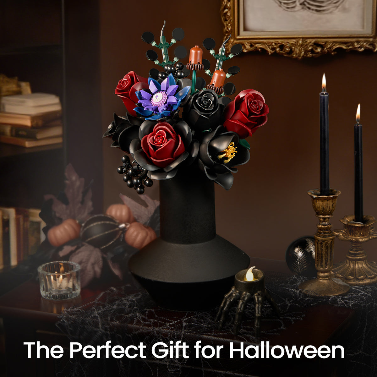 Gothic flower bouquet displayed as a Halloween-inspired decor piece on a table, featuring dark roses, candles, and an elegant gothic interior atmosphere.