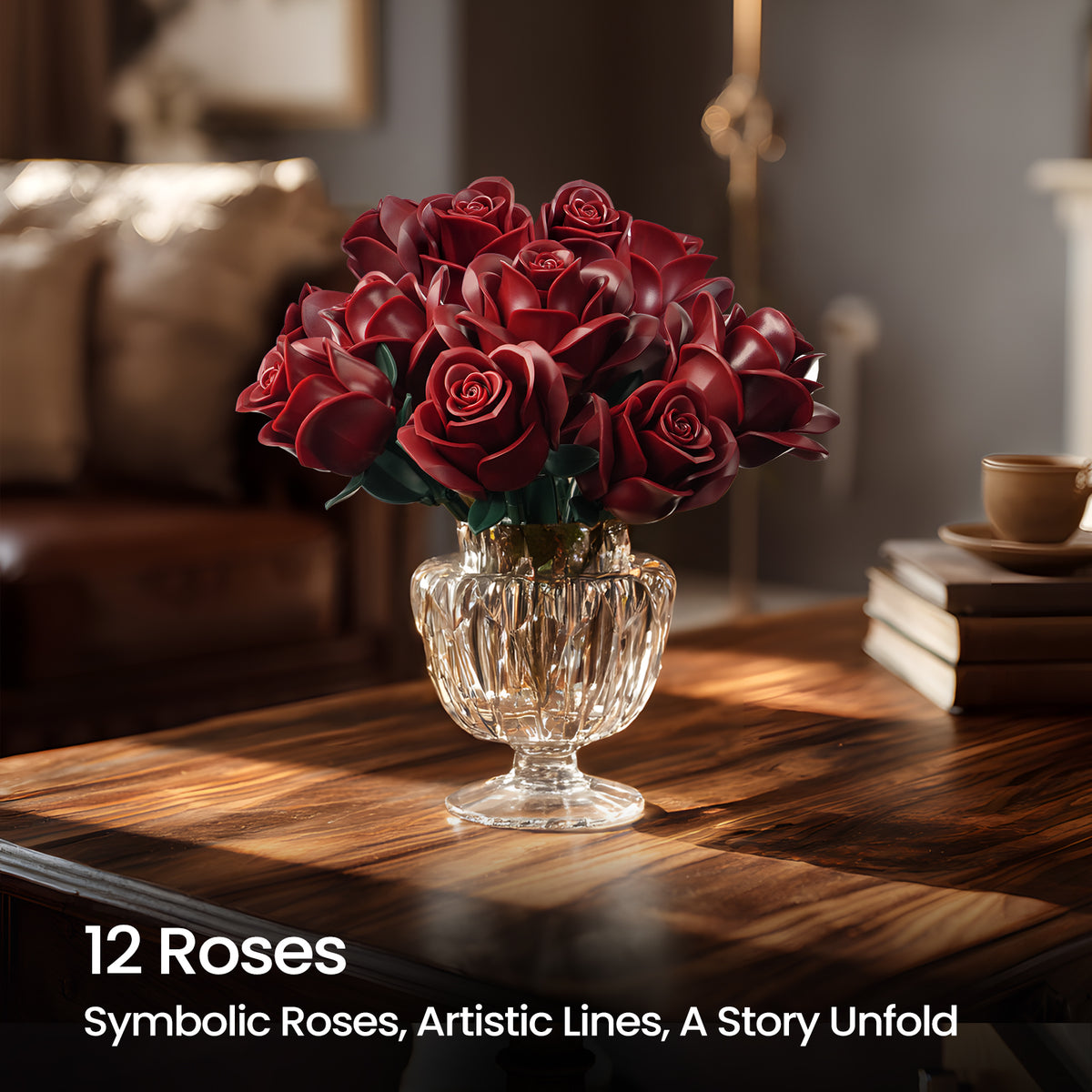 Burgundy rose building bouquet set displayed in a glass vase on a wooden table, featuring a full arrangement of deep red roses with layered petals in a warm and elegant home interior setting.