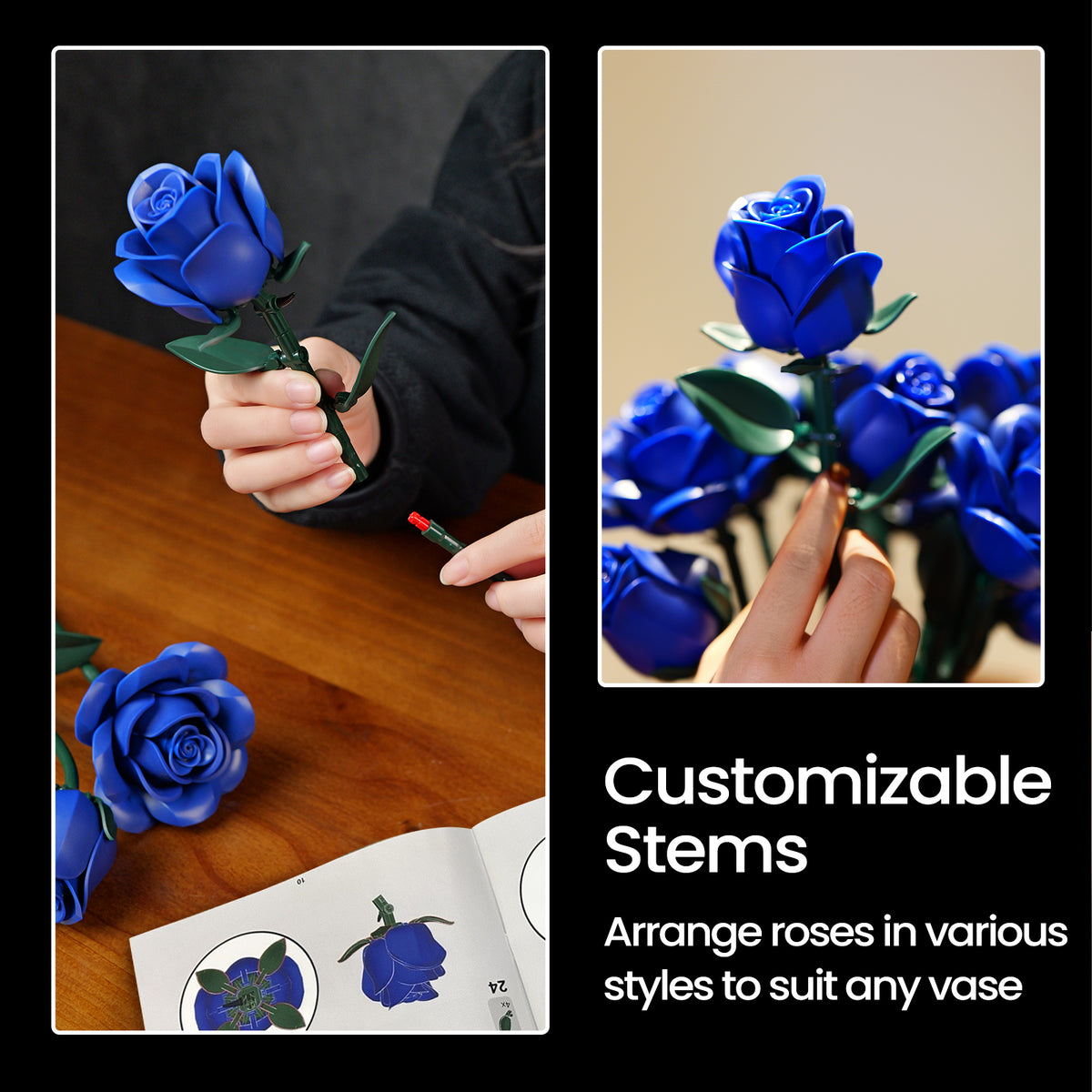 A blue rose building block set featuring adjustable stems, with hands arranging individual rose pieces and customizing the bouquet style to fit different vase arrangements.