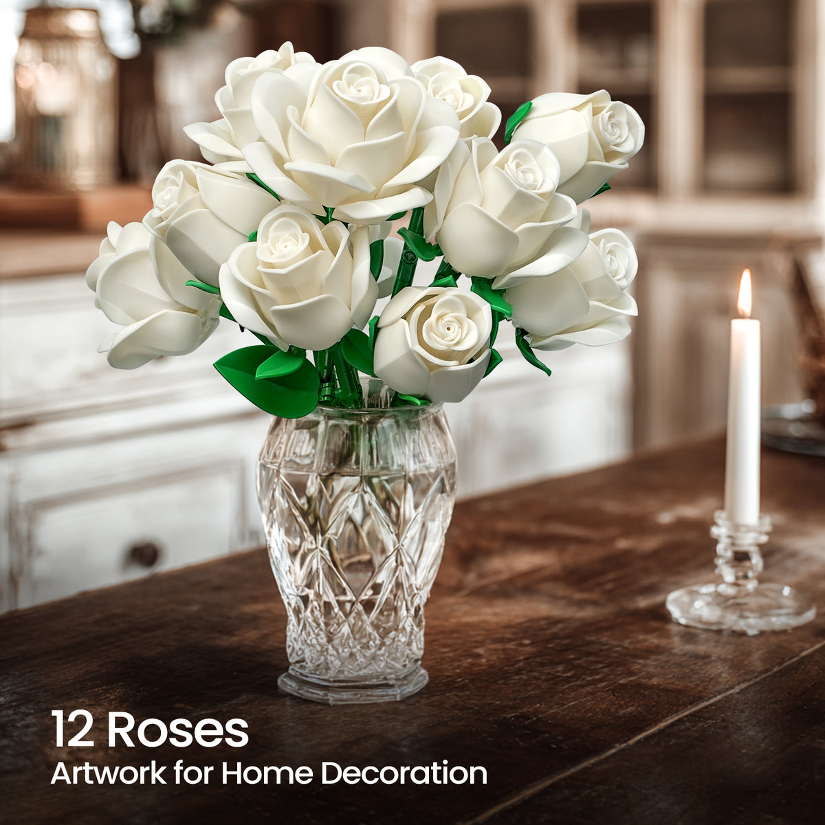 White roses bouquet displayed in a glass vase as elegant home decor, creating a refined floral arrangement on a dining table.