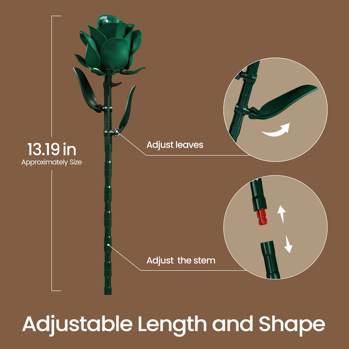 Green roses building block set feature image showing adjustable stem length and movable leaves for creating customized bouquet arrangements.