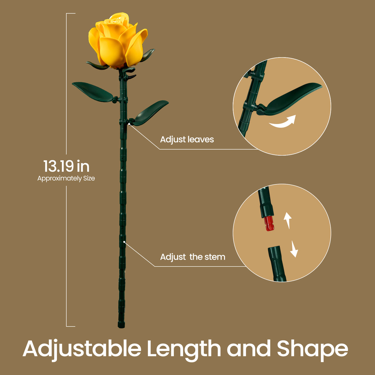 Yellow rose building set feature image showing adjustable stem length and movable leaves, allowing customizable bouquet arrangements for different displays.