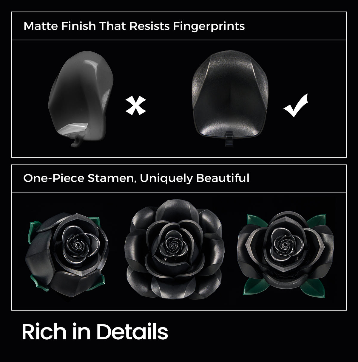 A black rose building block set detail showcase featuring a matte finish rose petal comparison and close-up views of the one-piece stamen and layered flower structure.