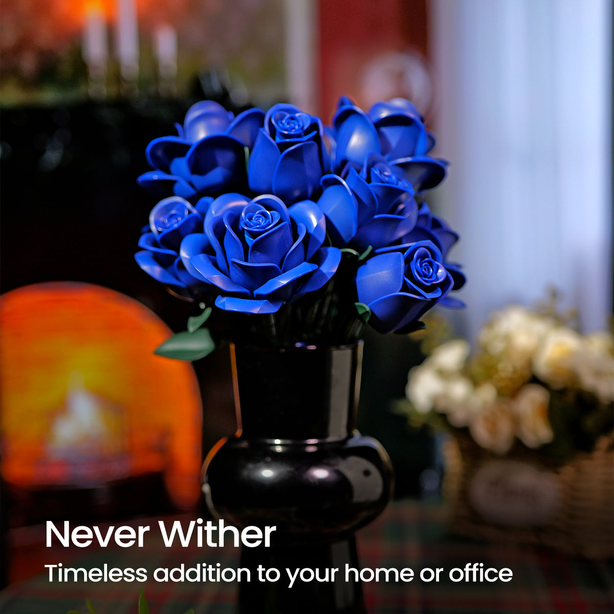 A bouquet of deep blue roses arranged in a black vase, displayed as a timeless floral decor piece in a home or office setting with a warm and elegant background.