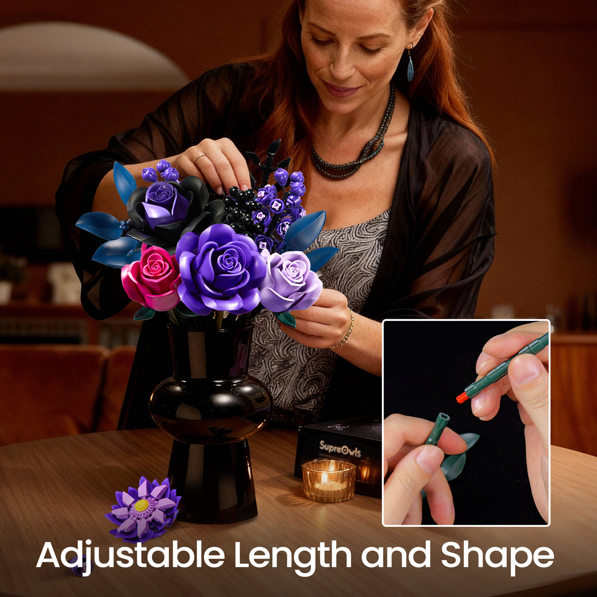 Purple roses building block set feature image showing adjustable stem length and movable floral elements for customized bouquet arrangements.
