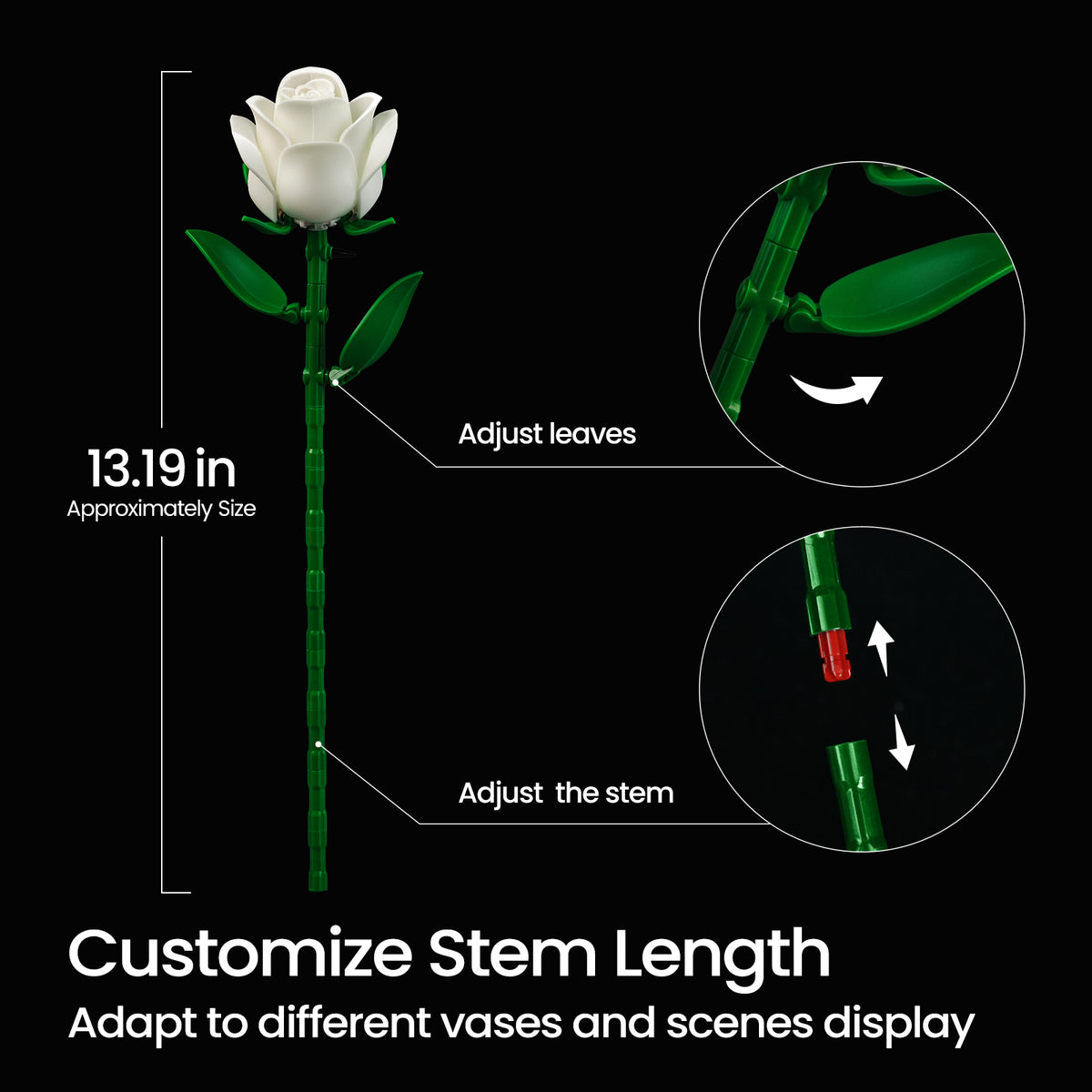 White rose building block set feature image showing adjustable stem length and movable leaves, allowing customizable bouquet arrangements for different displays.
