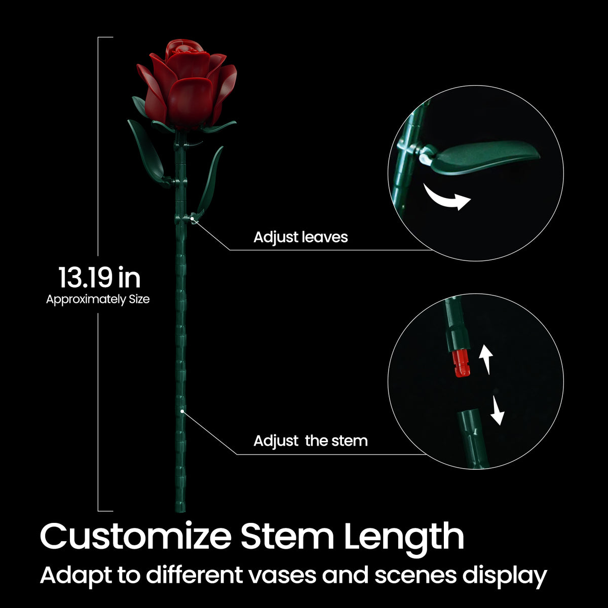 Burgundy rose building bouquet set feature image showing an adjustable rose stem and movable leaves, with a single deep red rose displayed at approximately 13.19 inches to demonstrate customizable length and flexible arrangement options.