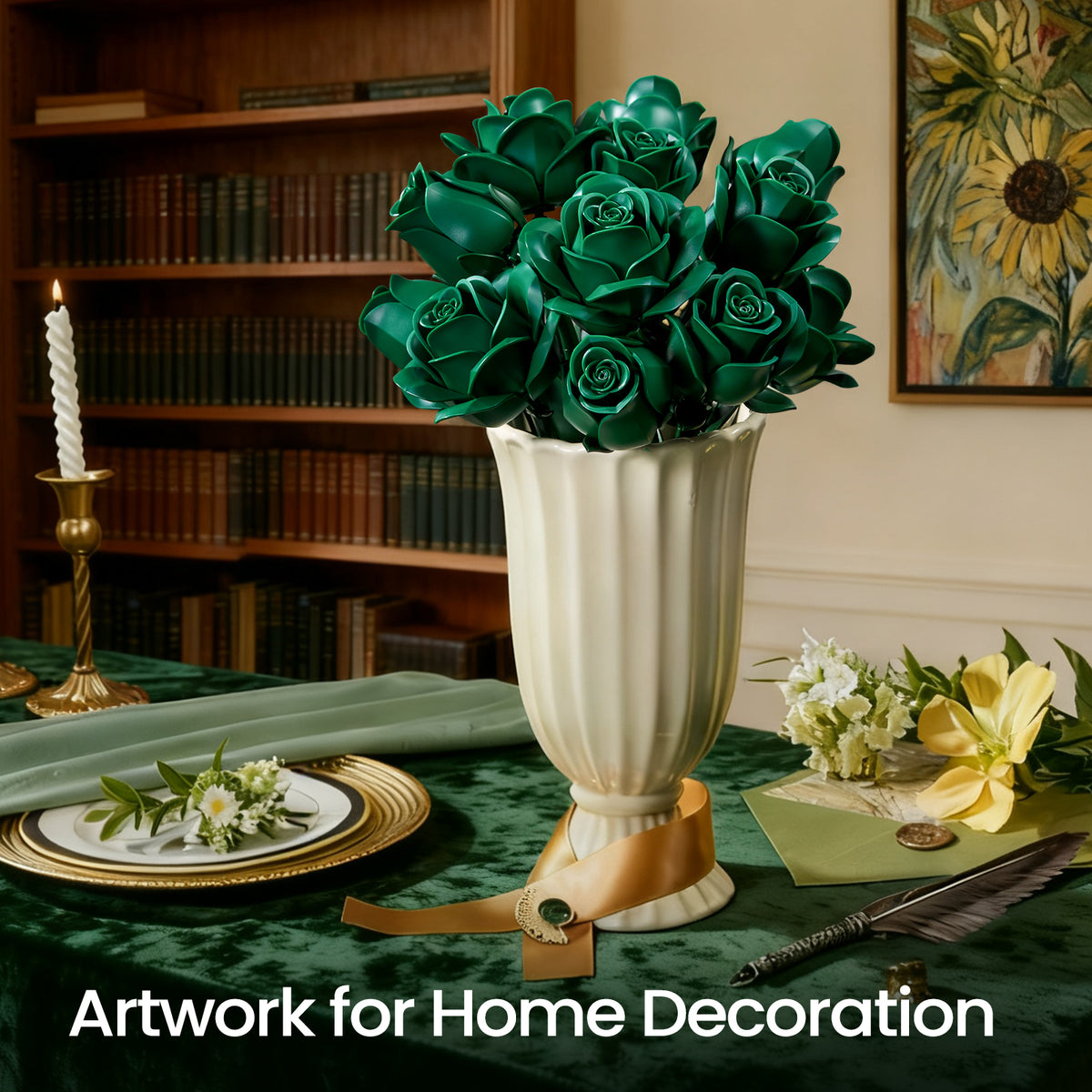 Green roses bouquet displayed as artistic home decor in a white vase, creating an elegant floral centerpiece in a classic dining space.