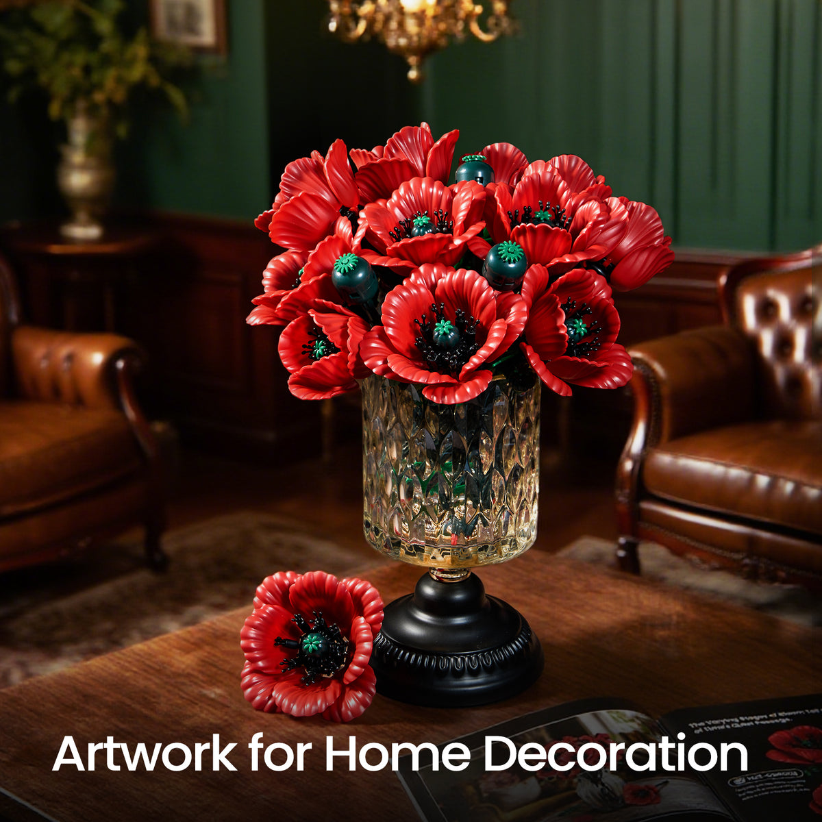 Red poppy flower bouquet displayed as artistic home decor in a glass vase, featuring vibrant red blooms in an elegant interior space.